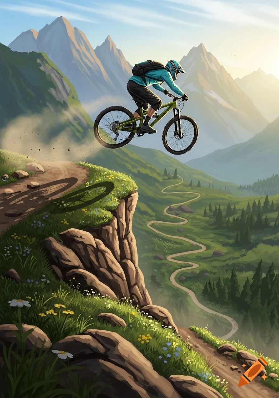 A stylized illustration of a mountain biker airborne over a dirt trail with mountains and a winding path in the background.