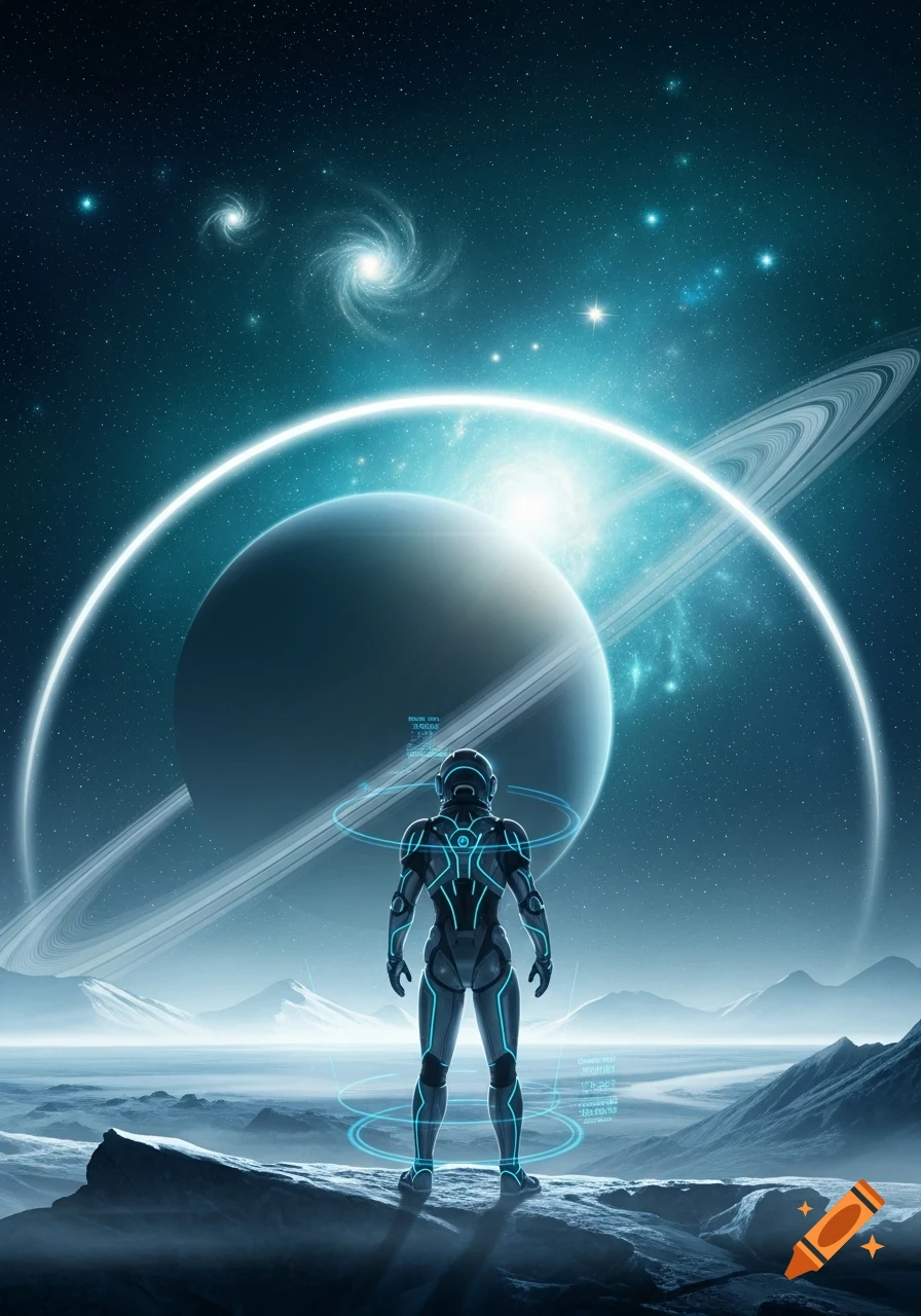 A lone astronaut in a glowing futuristic suit stands on a rocky alien planet, gazing at a large ringed gas giant in a starry teal galaxy.
