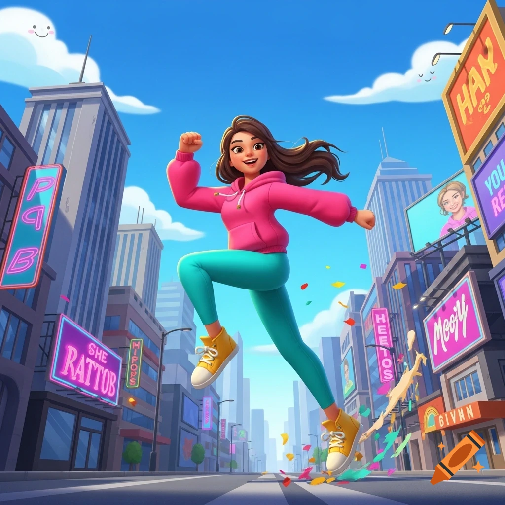 An animated cartoon girl in a pink hoodie and teal leggings runs joyfully through a vibrant city street with colorful confetti and abstract signs.