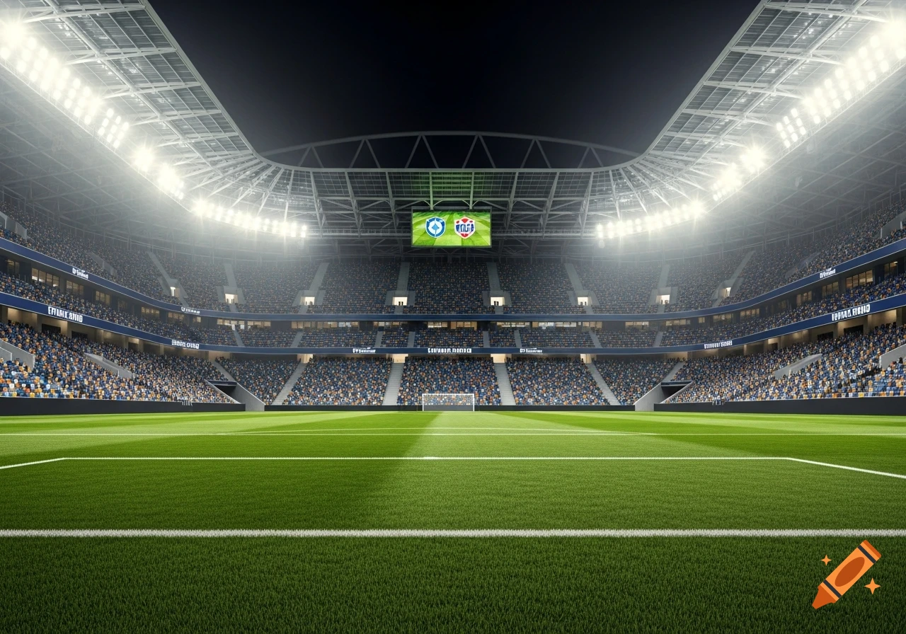 Photorealistic night view of a modern football stadium with bright floodlights, a green field, and stands filled with a large crowd.