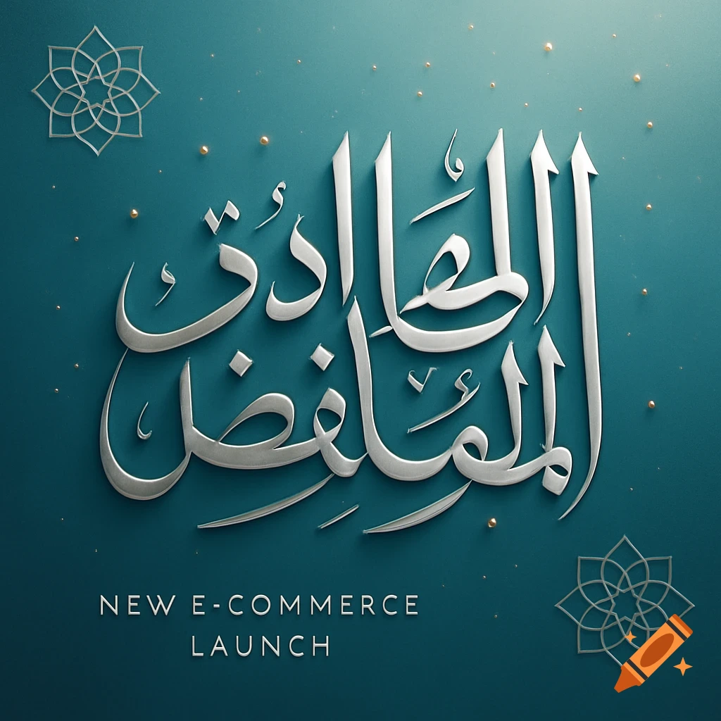 Silver Arabic calligraphy on a teal background, with 'NEW E-COMMERCE LAUNCH' below it. Decorative geometric patterns and small golden dots surround the text.
