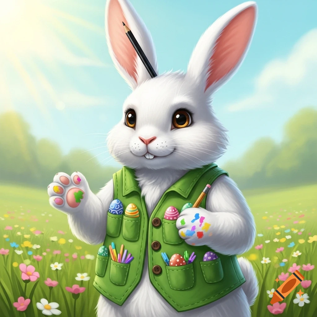 A charming cartoon Easter bunny in a green waistcoat with paint-smudged paws and a pencil behind its ear, stands in a flowery field.