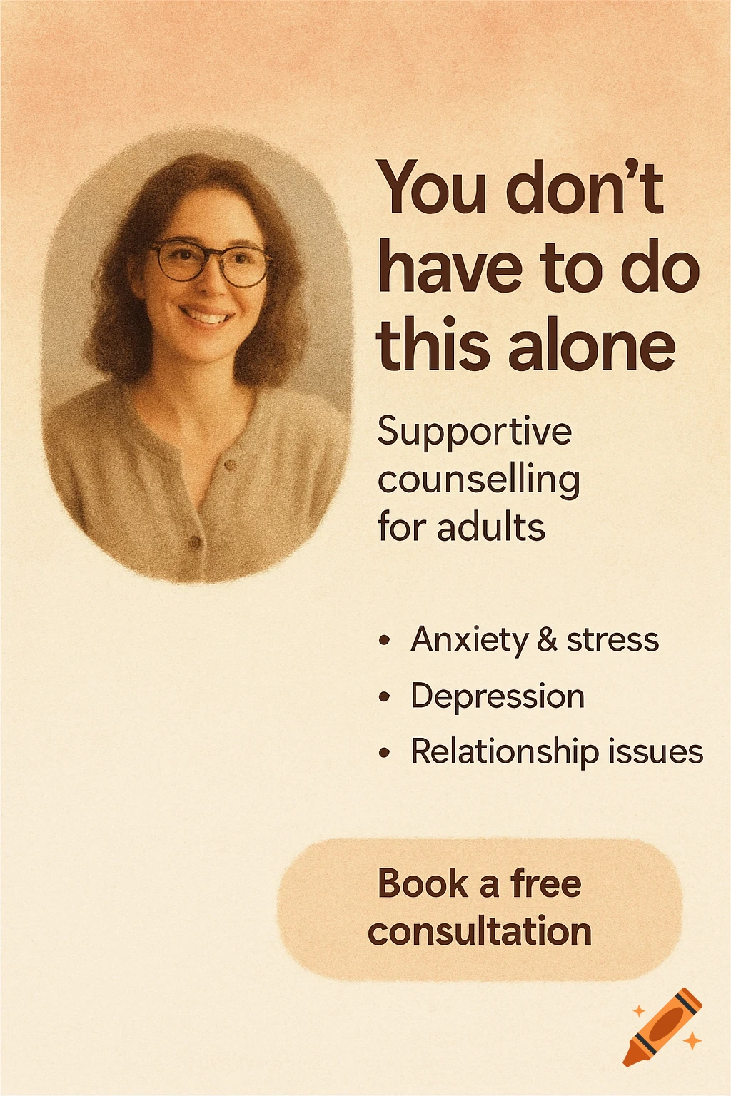 A counseling poster with a smiling woman in a circular frame, featuring text like 'You don't have to do this alone' and 'Book a free consultation'.