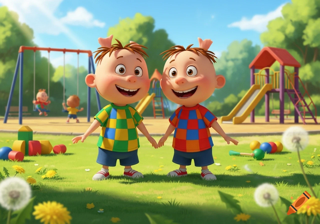 Two smiling cartoon children in checkered shirts hold hands in a sunny playground with other kids playing in the background.