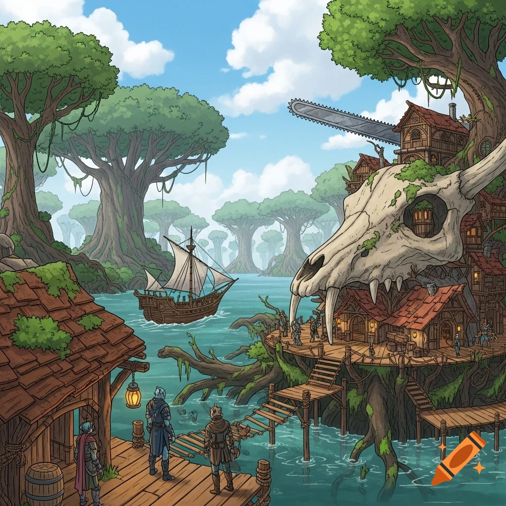 Hand-drawn fantasy illustration of a port town built into giant trees and a leviathan skull, with a saw-ship sailing the canopy sea.
