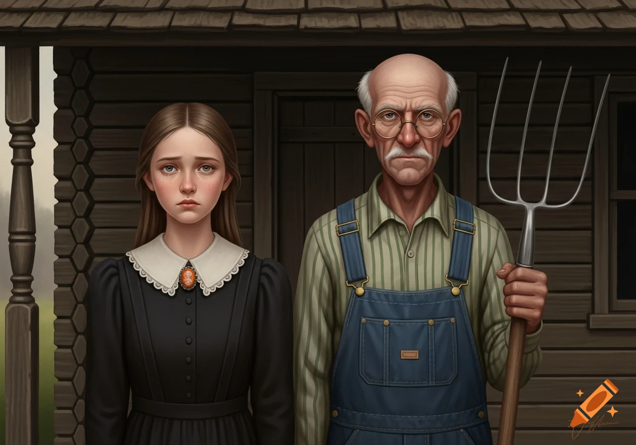 A stern old farmer with a pitchfork and a sad young woman stand in front of a wooden house, reminiscent of American Gothic.