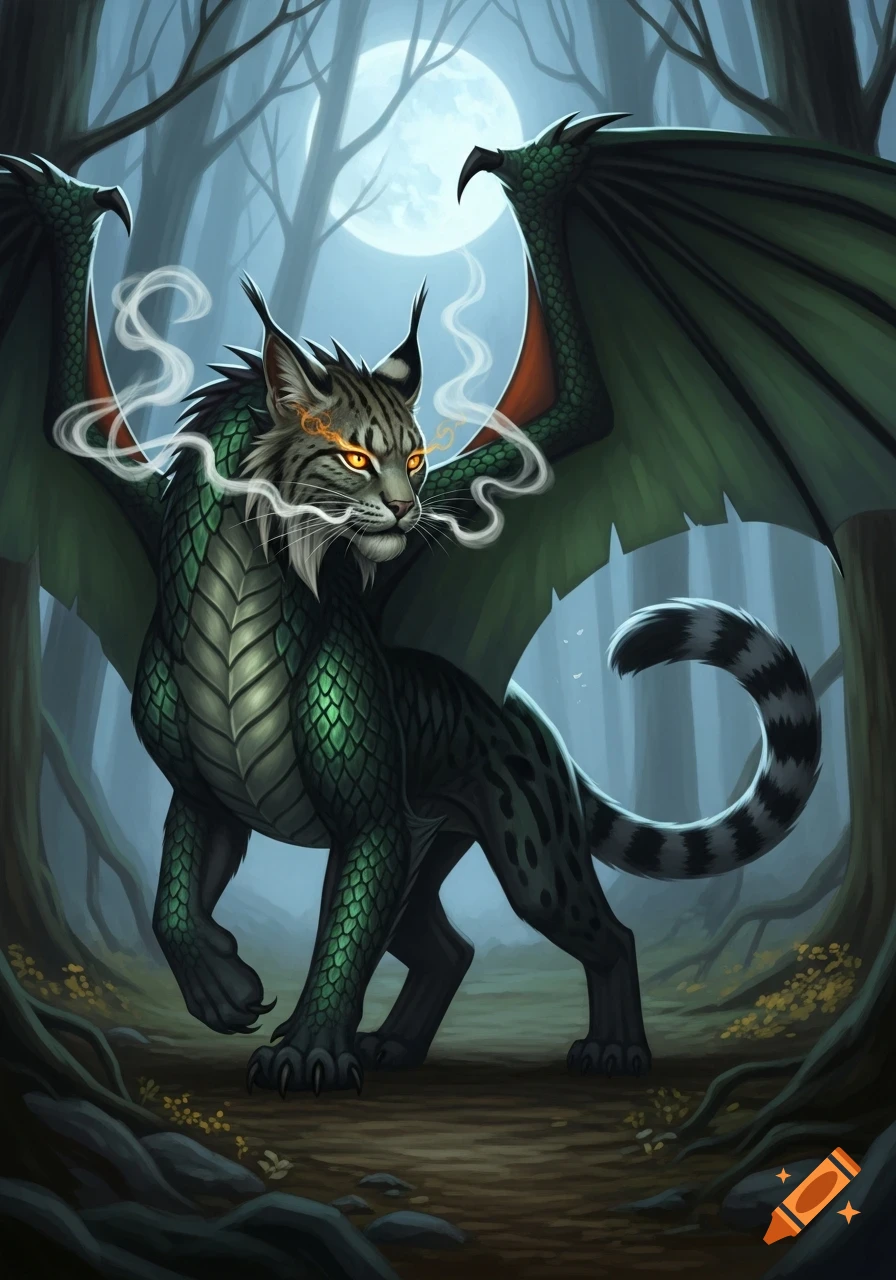 A fantasy creature, a mix of lynx and dragon, with green scales and wings, stands in a dark, moonlit forest.