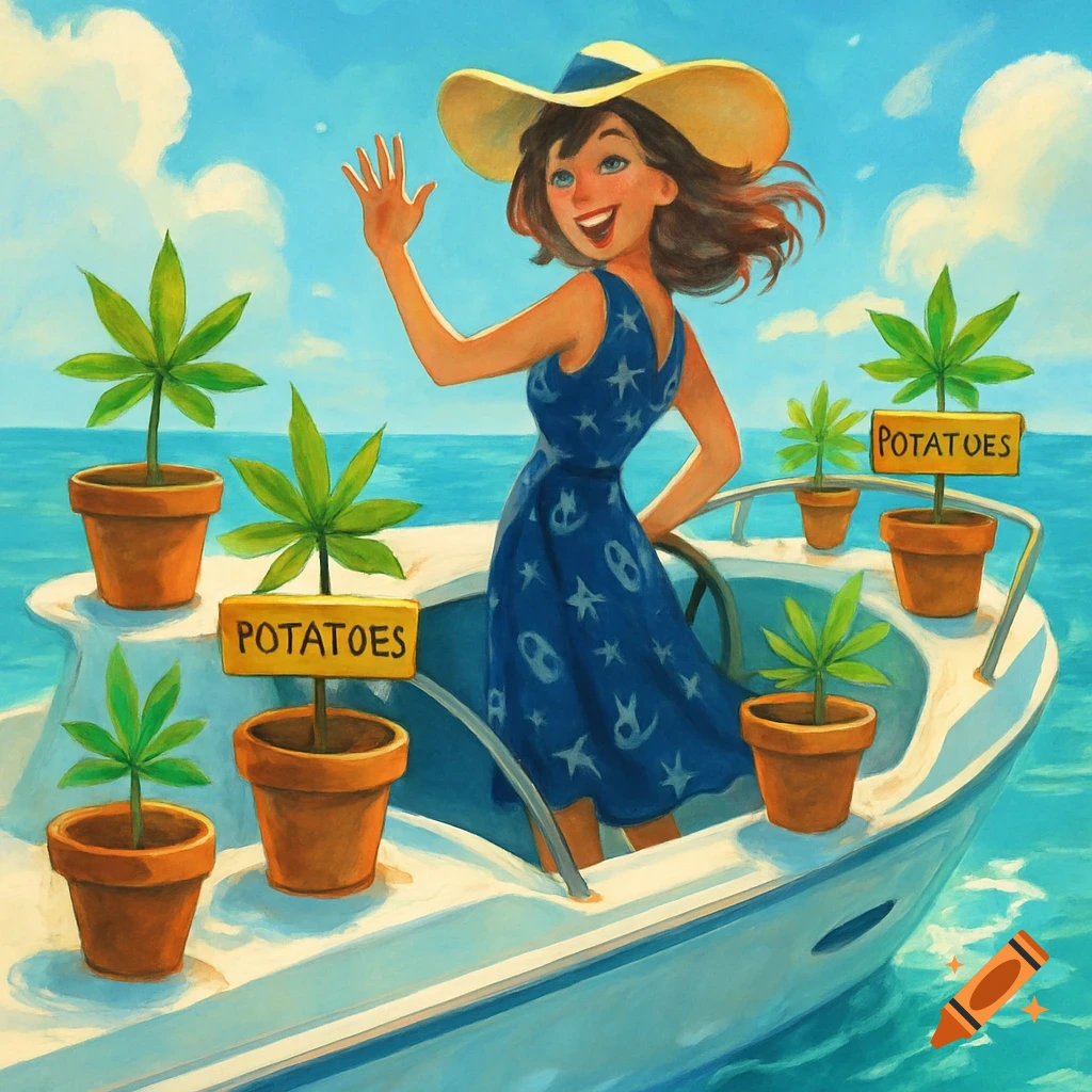 An illustration of a smiling woman in a straw hat and blue dress waving from a boat filled with potted green plants on a sunny ocean.