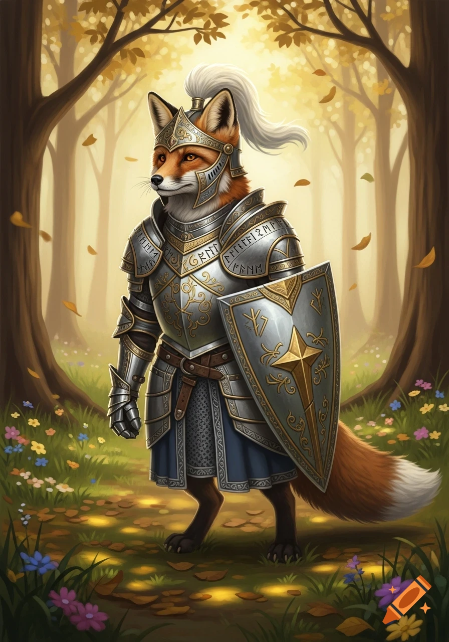 An anthropomorphic fox knight in ornate silver and gold armor stands in an autumn forest, holding a shield.