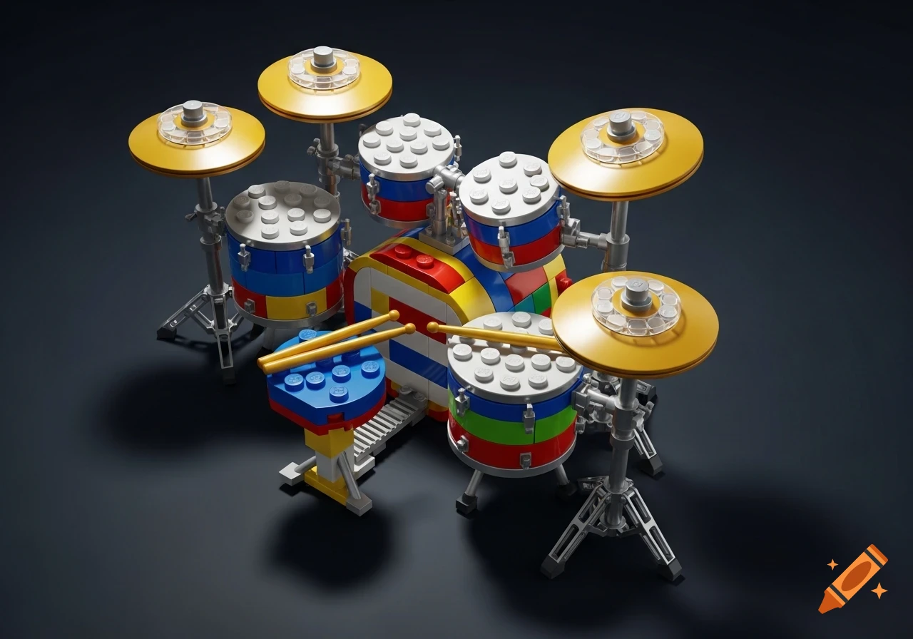 A colorful Lego drum set with cymbals and drumsticks on a dark background.