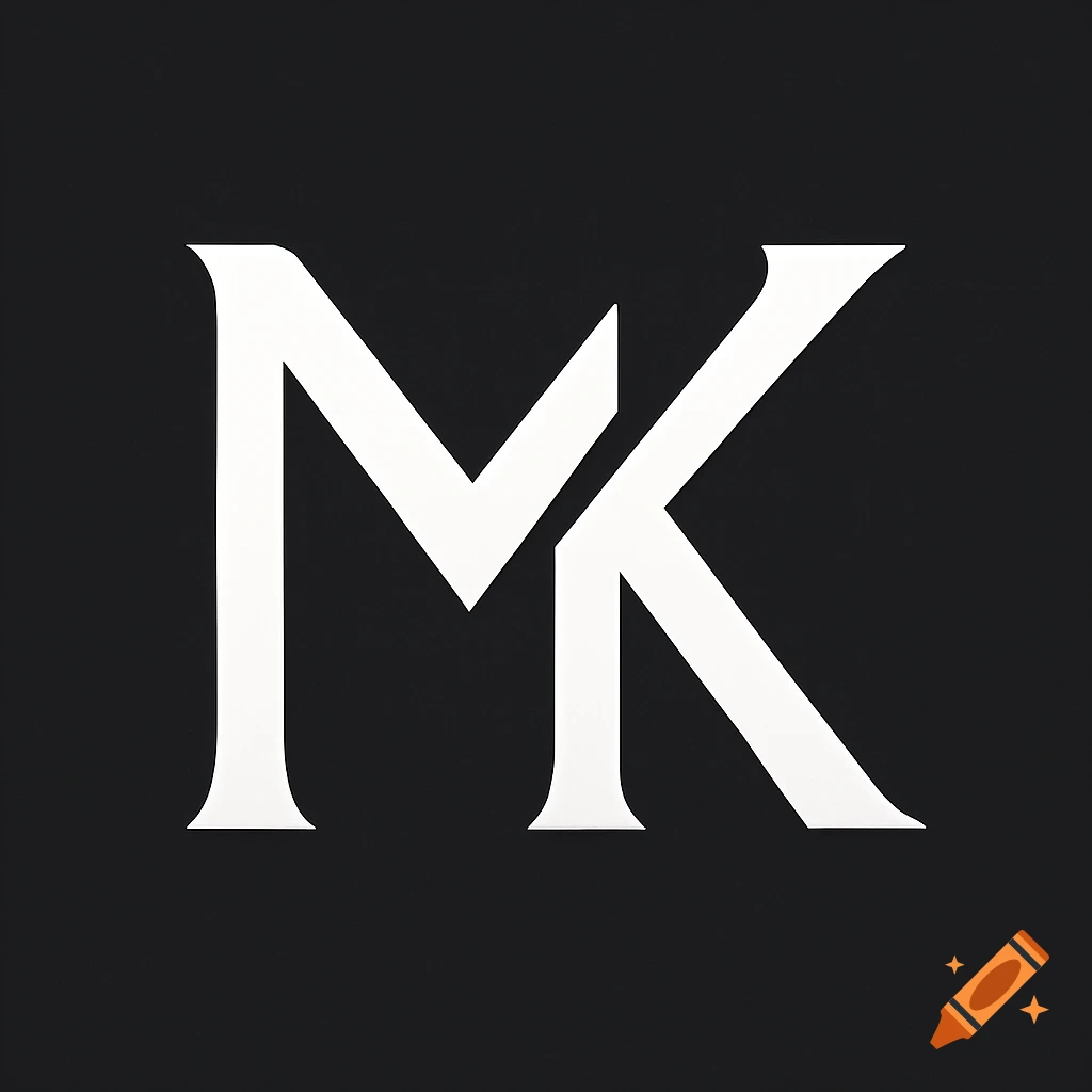 A clean, white monogram with the letters "M" and "K" intertwined, set against a solid black background.