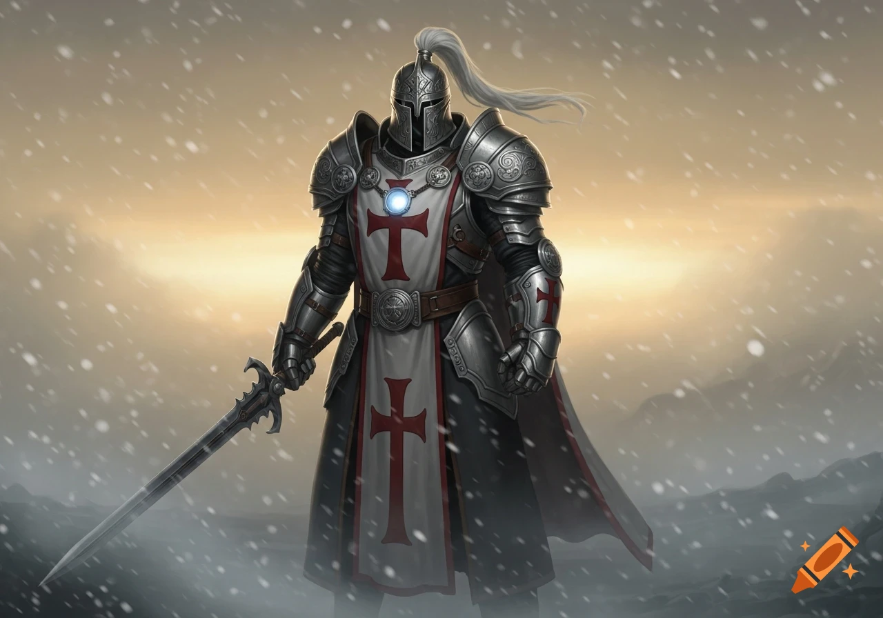 A heavily armored Teutonic crusader knight with a sword stands in a snowy landscape at sunset.
