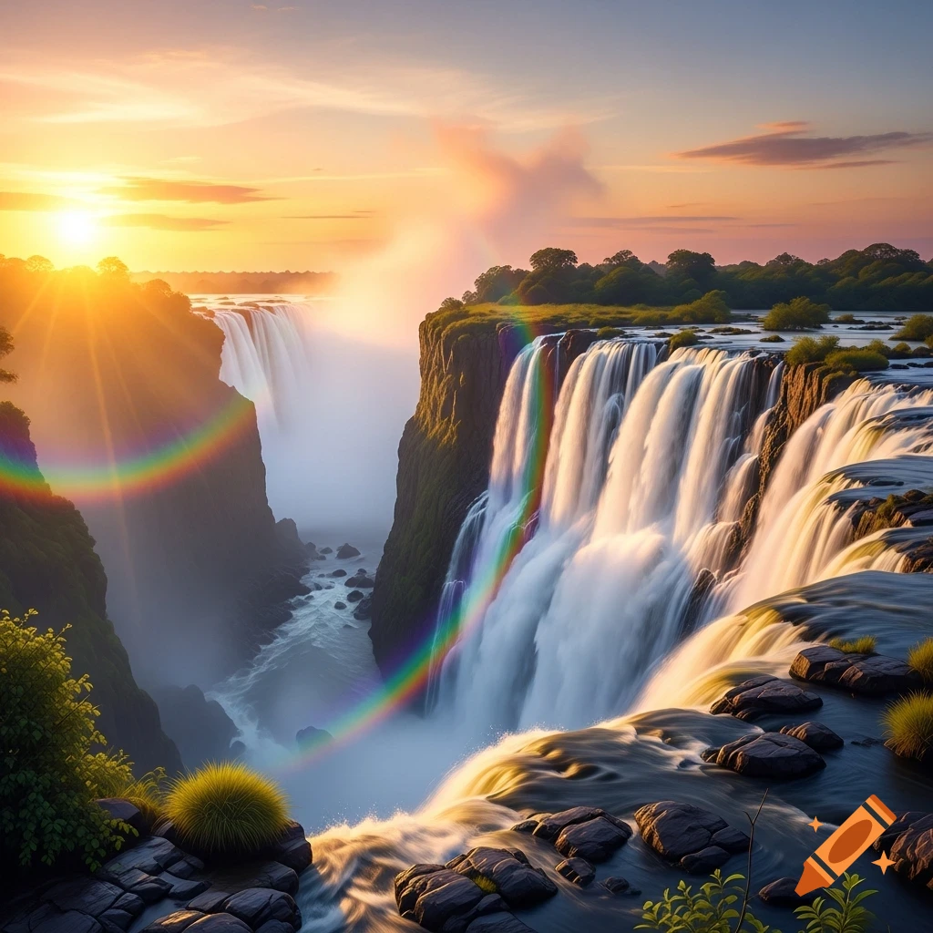 Majestic waterfalls cascade into a misty canyon under a vibrant sunset, with a rainbow arching over the falls.