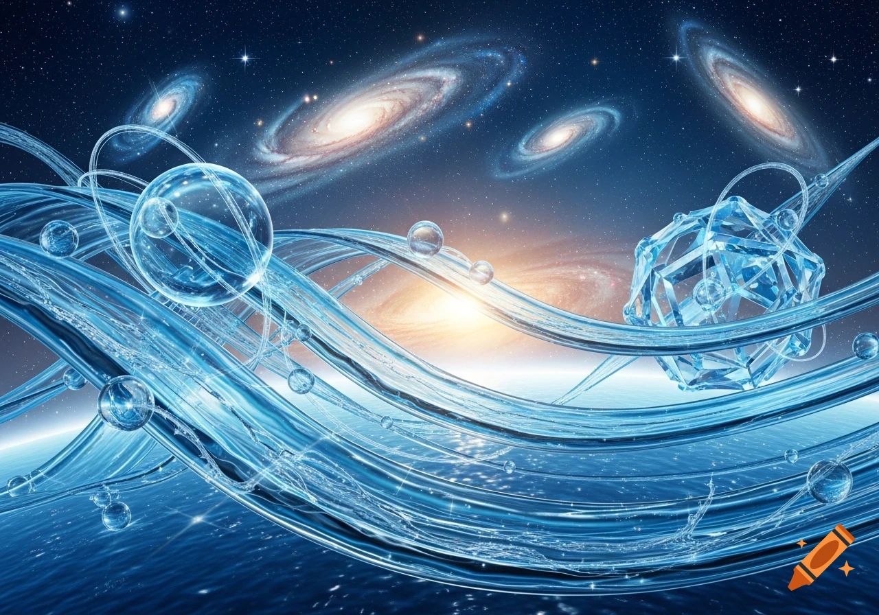 Abstract cosmic scene with blue flowing water, bubbles, and crystalline structures against a starry sky with galaxies.