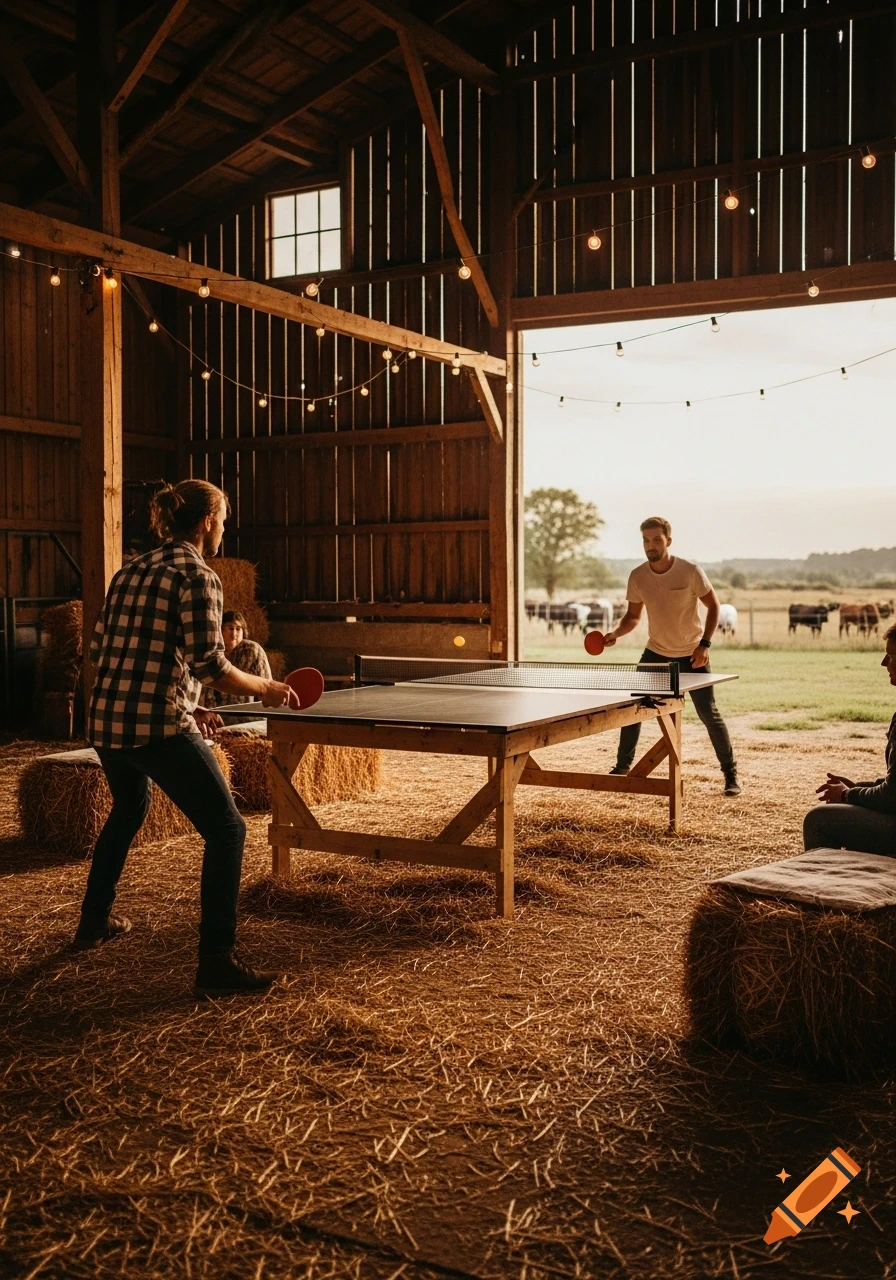 Two men play ping pong in a rustic barn filled with straw and string lights, with a view of a field and cows outside.