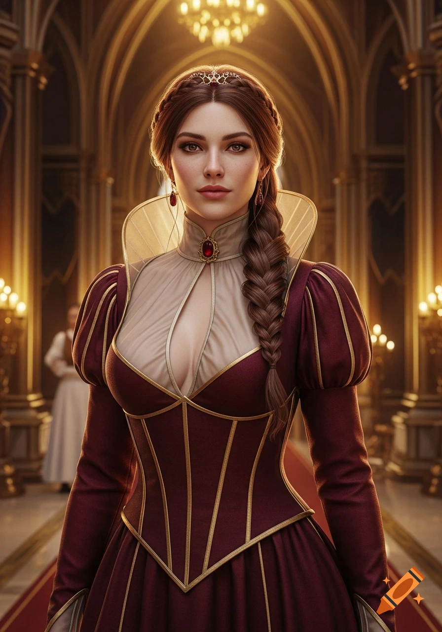 A regal young woman with braided auburn hair in a deep burgundy fantasy gown stands in a richly decorated palace. Photorealistic.