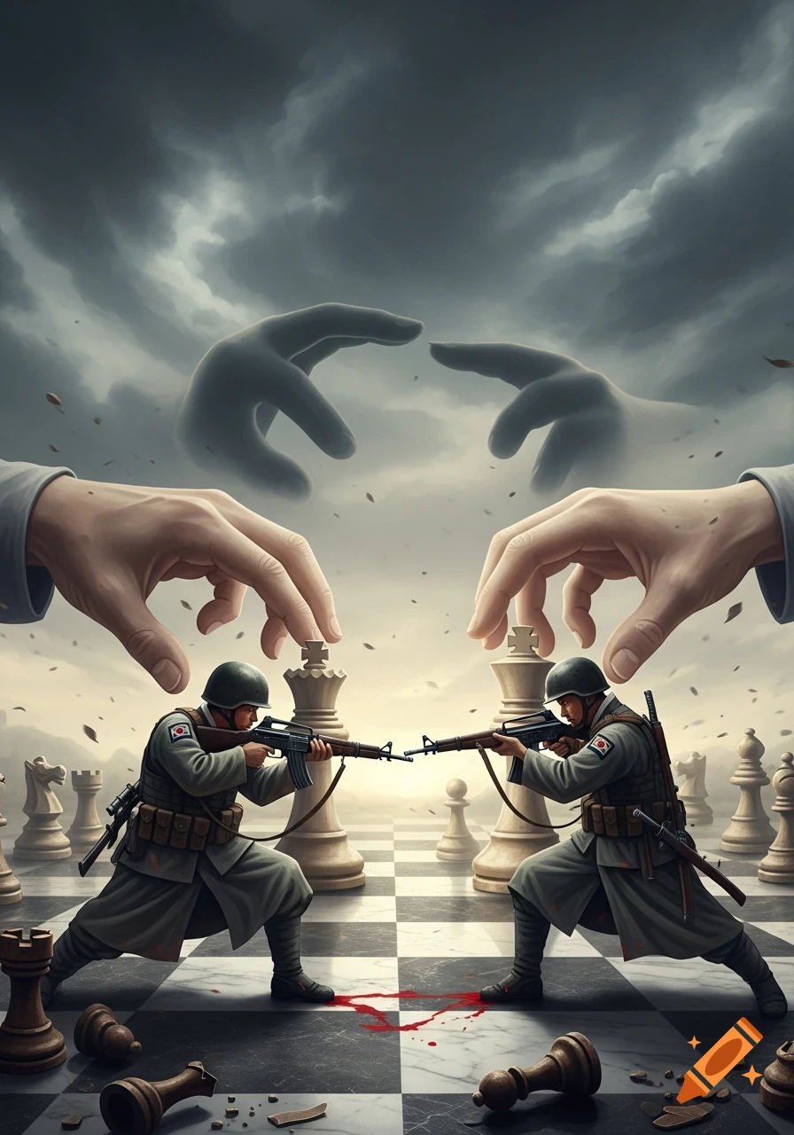 Two soldiers with rifles stand on a chessboard, aiming at each other, as large hands appear to manipulate them from above under a stormy sky.