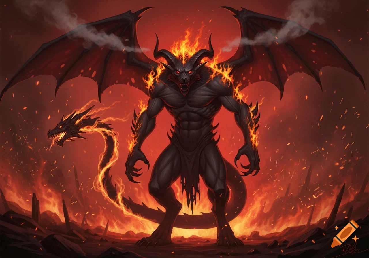 A powerful, winged demon with horns and red eyes, wreathed in flames, stands in a fiery, apocalyptic landscape with a dragon tail.