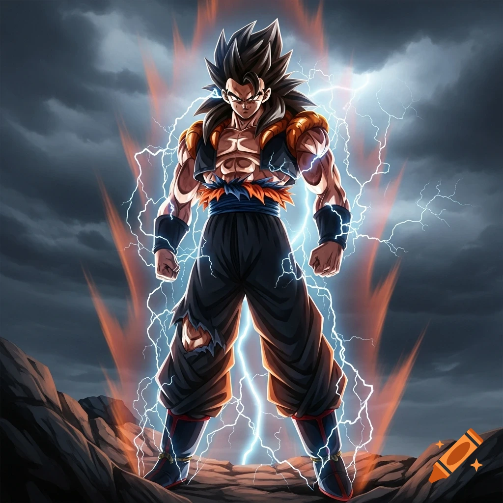 A muscular Saiyan warrior with spiky black hair and a battle vest powers up, surrounded by lightning and orange energy against a stormy sky.