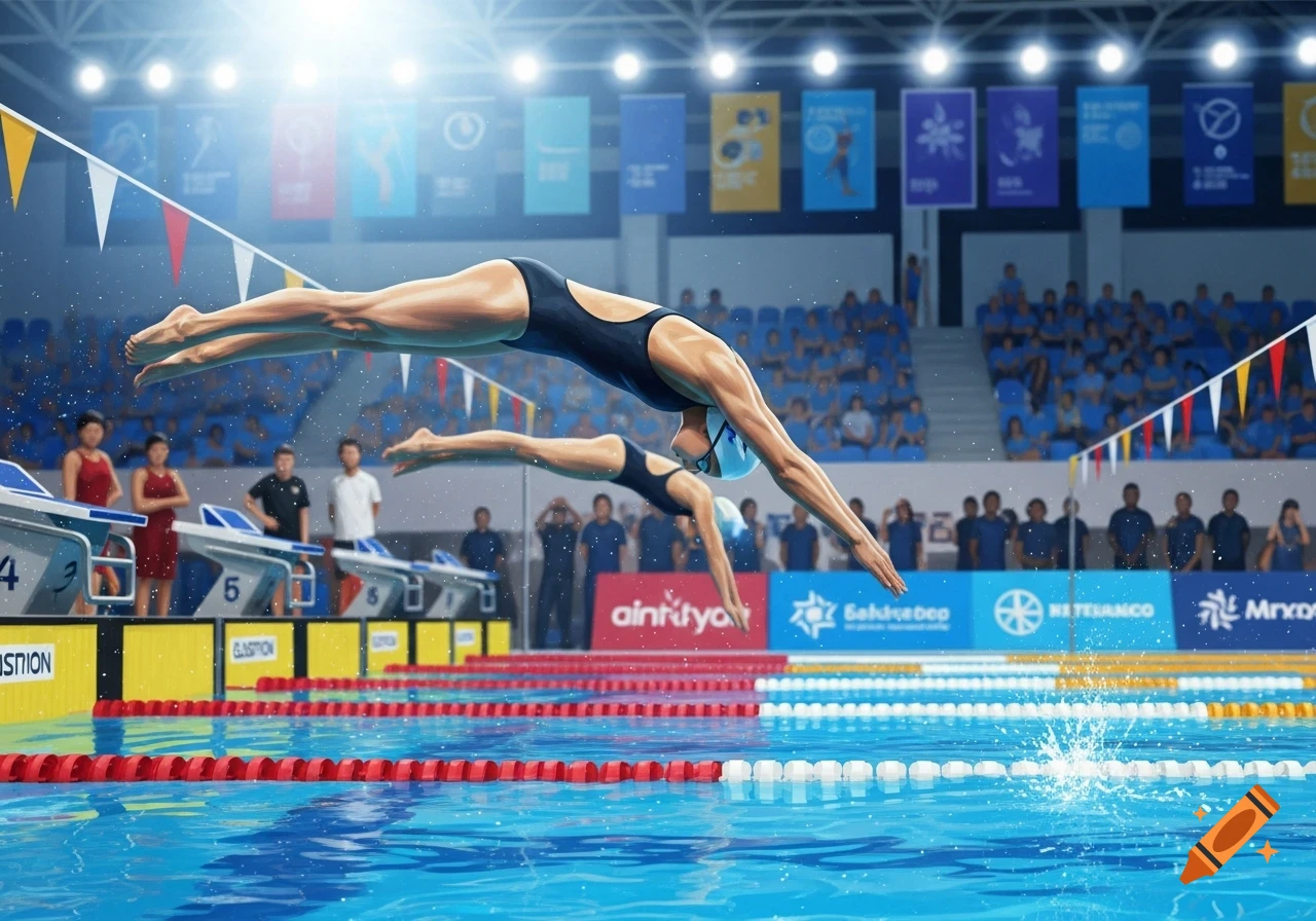 Two female swimmers in black swimsuits perform a start dive into a swimming pool at a brightly lit indoor stadium during a competition.