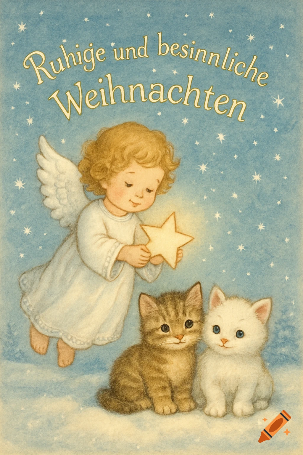 Illustrated Christmas card with a cute angel holding a star, two kittens, and the German text "Ruhige und besinnliche Weihnachten".