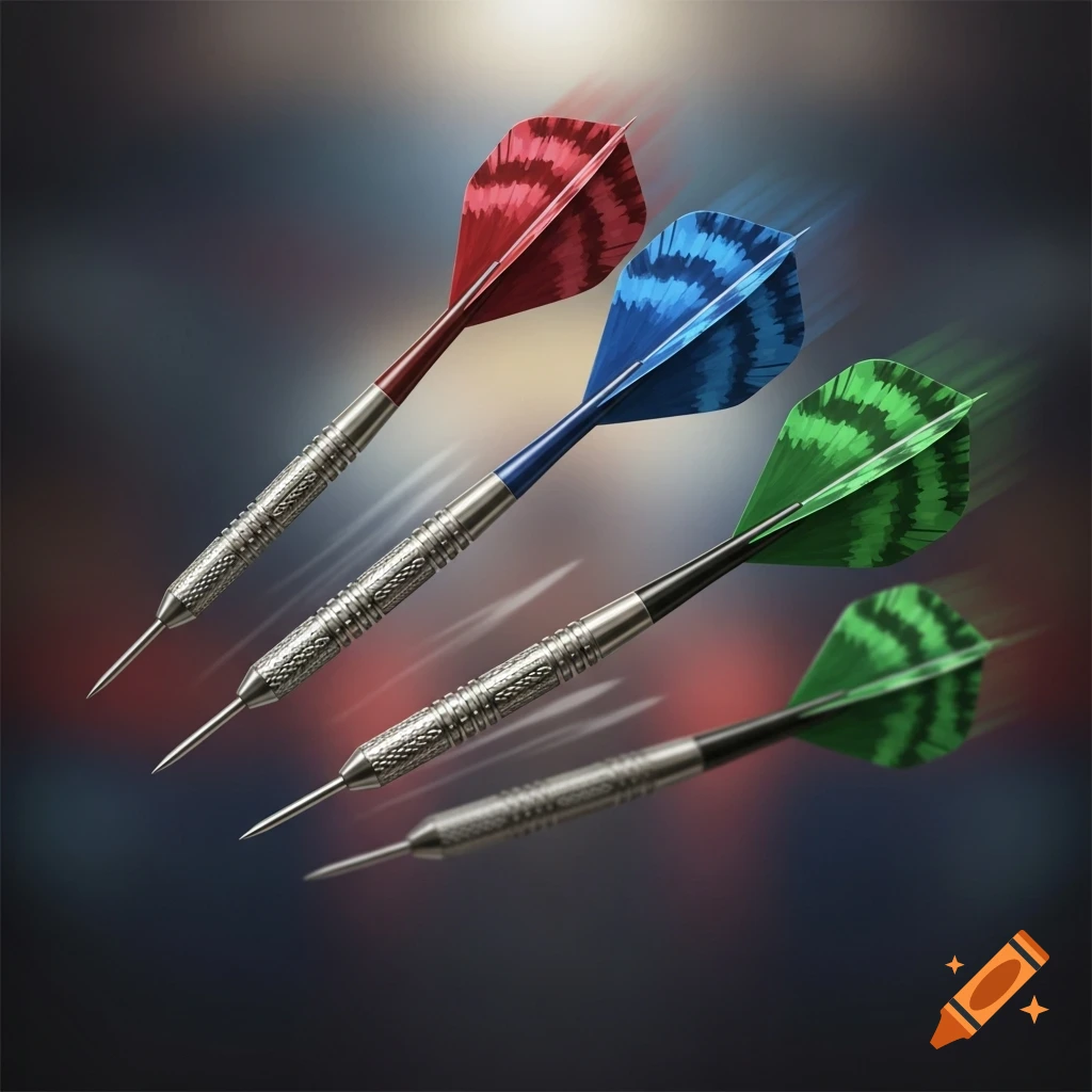 Four colorful darts in red, blue, and green, captured mid-flight with motion blur against a dark background.
