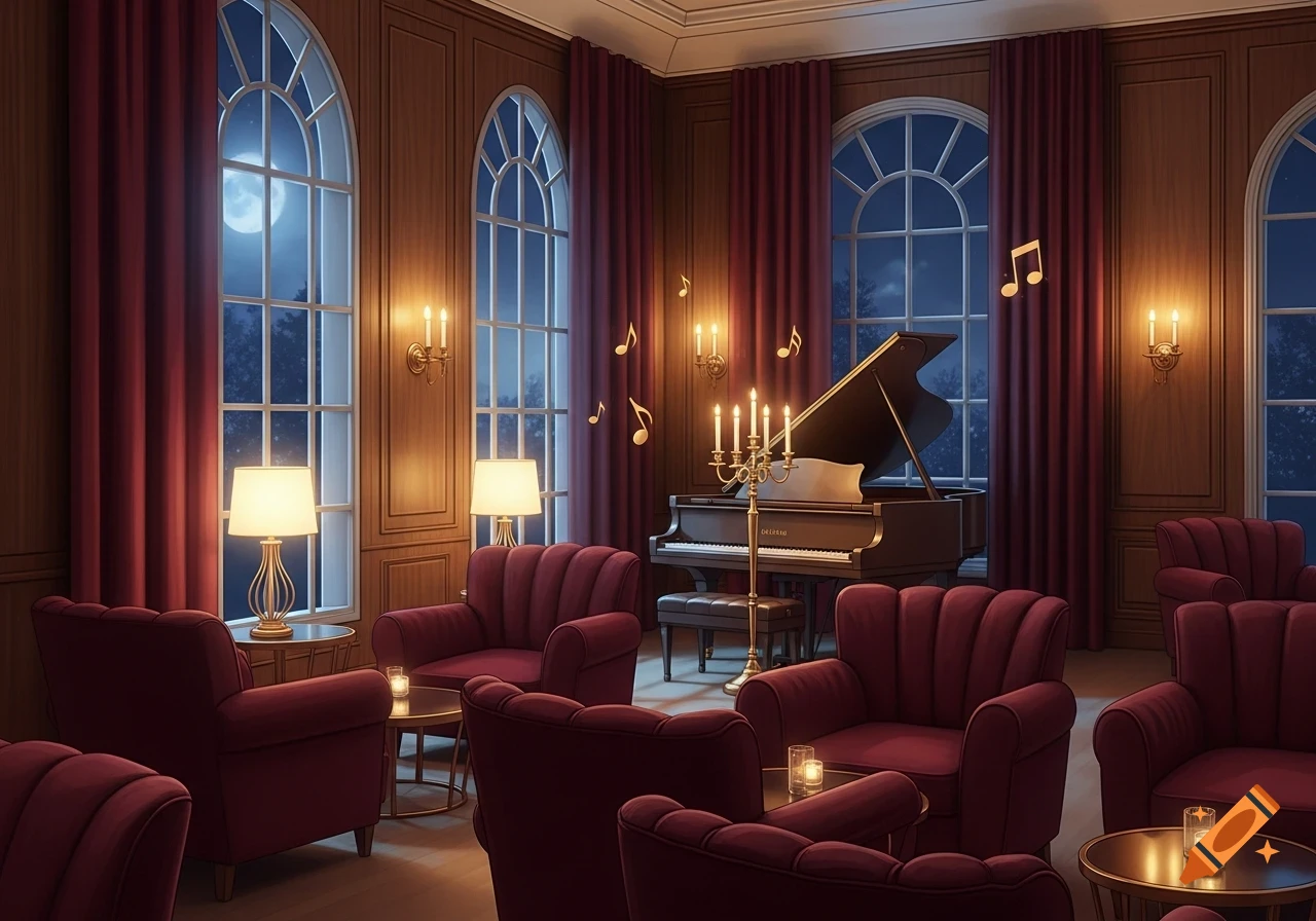 Elegant lounge room at night with red armchairs, a grand piano, tall arched windows, and warm lighting, stylized.