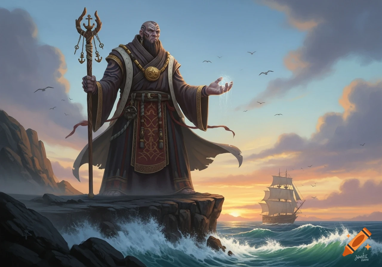 A powerful robed figure with a staff stands on a cliff, conjuring water over a stormy sea with a sailing ship at sunset, in a detailed fantasy art style.