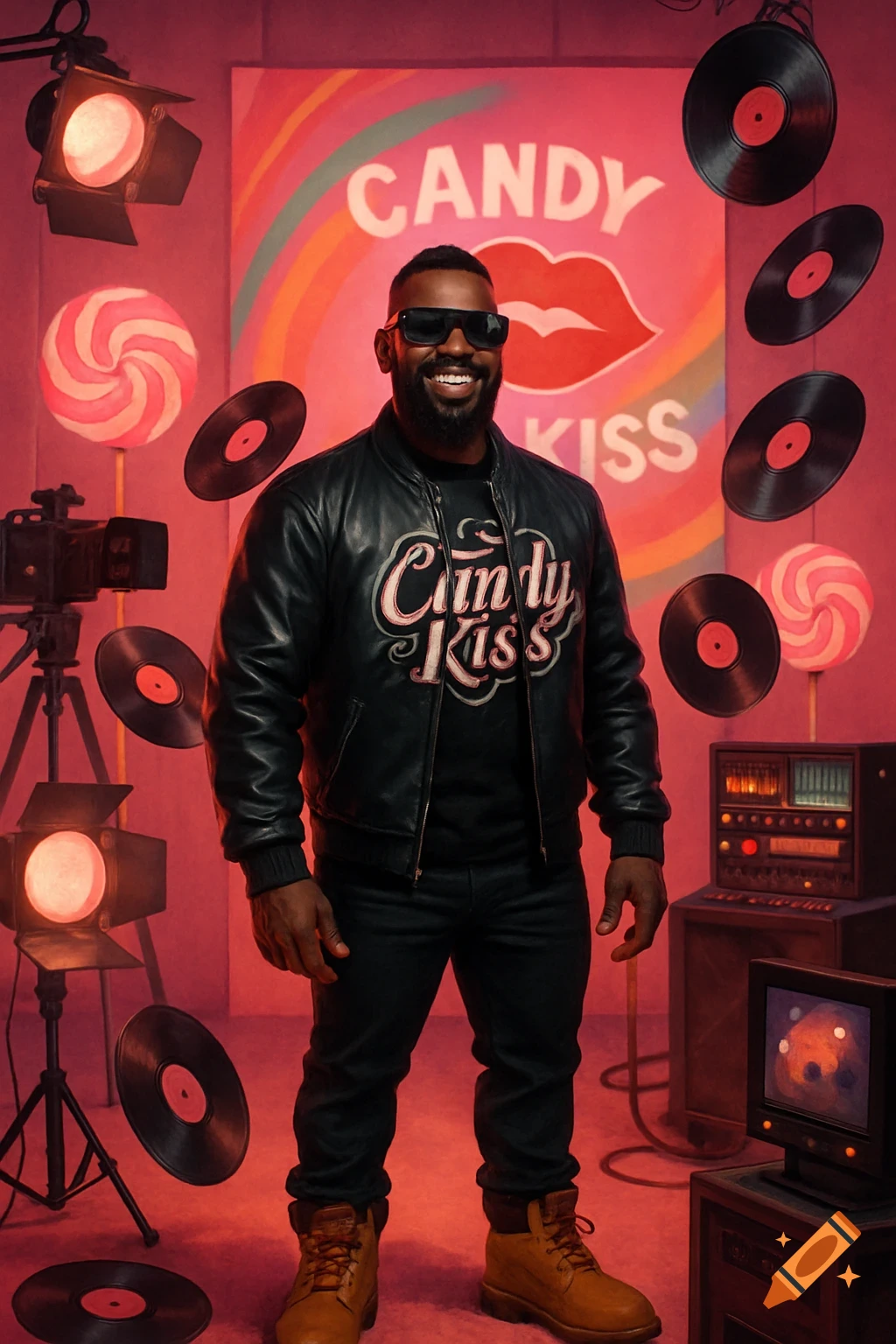Smiling black man in a black leather jacket with "Candy Kiss" logo, in a pink studio with lollipops and vinyl records.