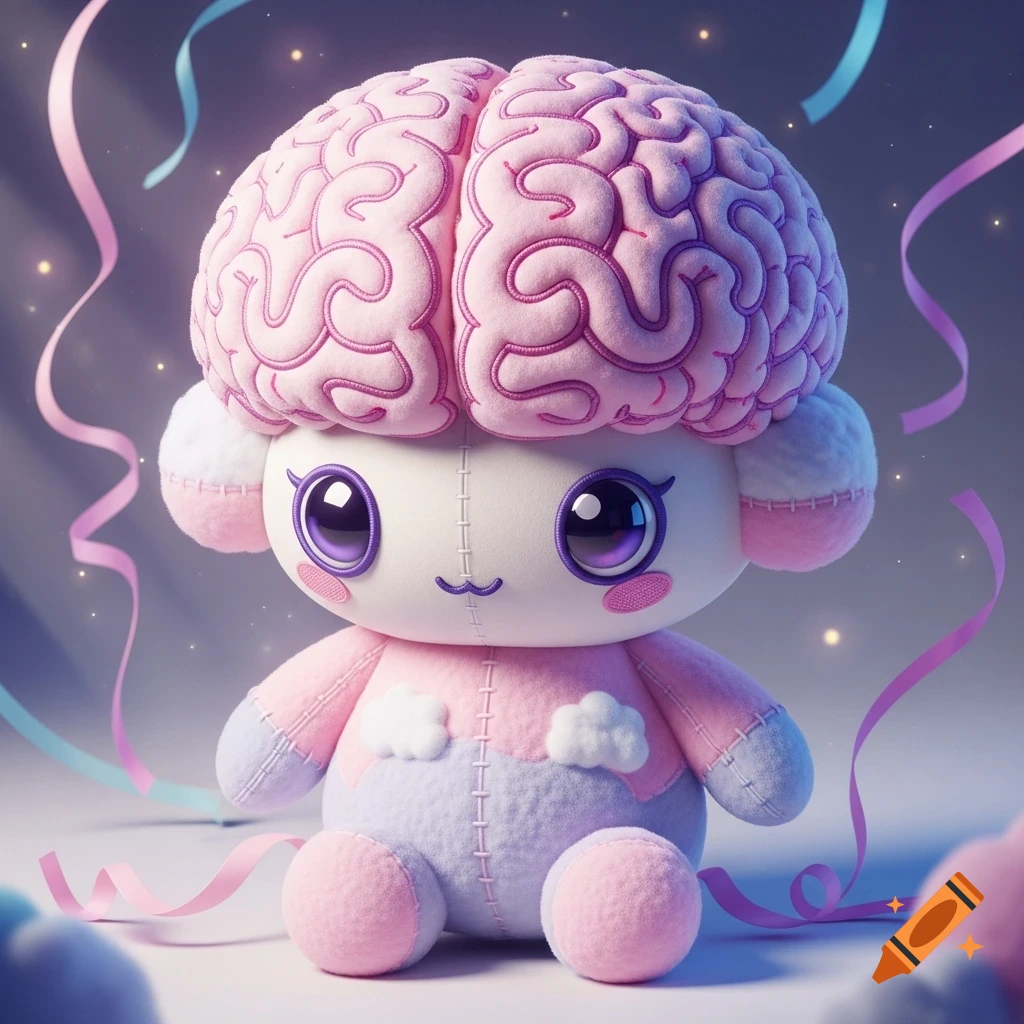 A cute, pastel pink and blue plush toy with a large pink brain for a head, surrounded by ribbons and sparkles.