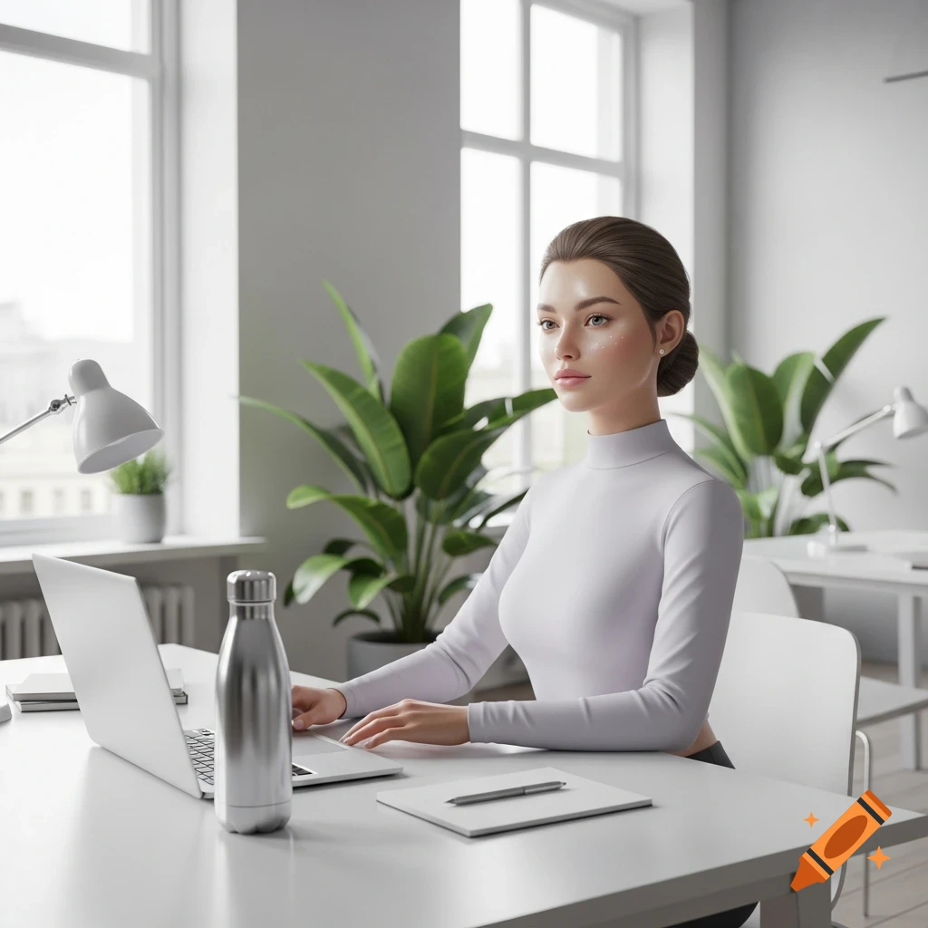 A young woman in a white turtleneck works on a laptop at a bright office desk with a metal water bottle.