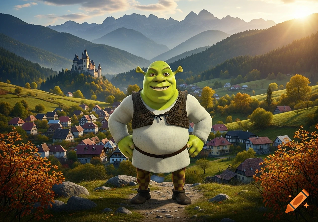 Shrek stands on a hill overlooking a picturesque village, a distant castle, and mountains at sunrise in a vibrant, photorealistic style.
