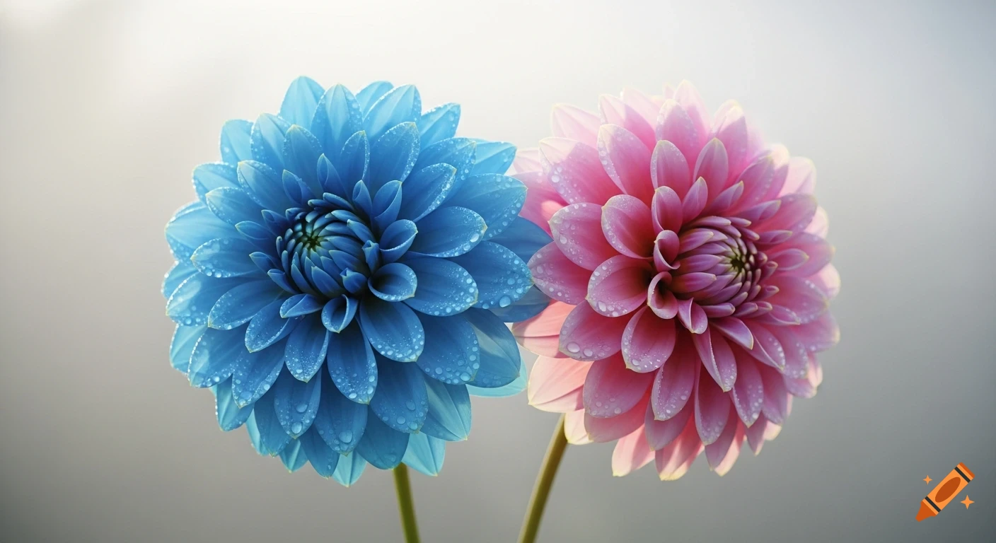 Two close-up dahlias, one blue and one pink, covered in dewdrops, against a soft, hazy background.