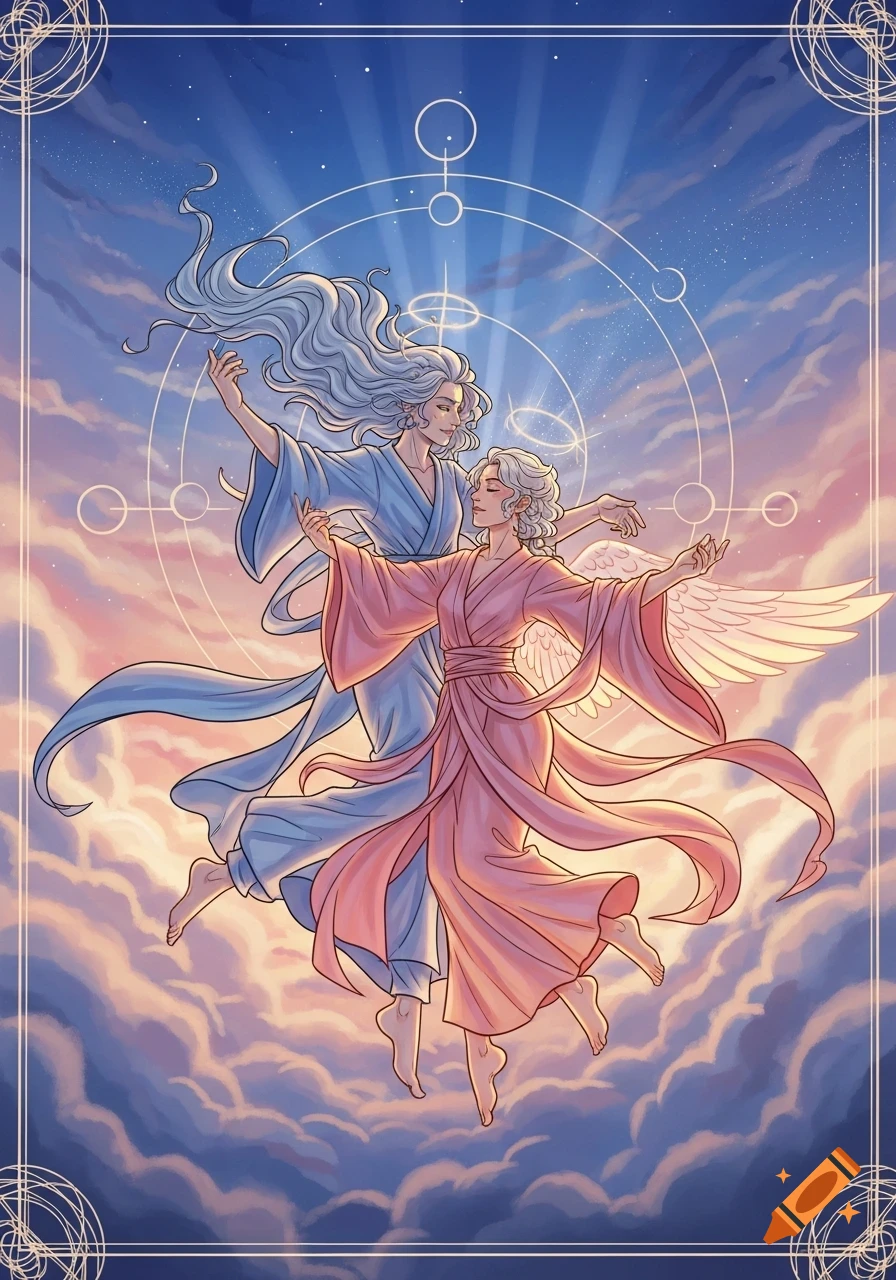 Two angelic figures with long, flowing hair and robes float among pastel clouds beneath a starlit sky with glowing geometric symbols.