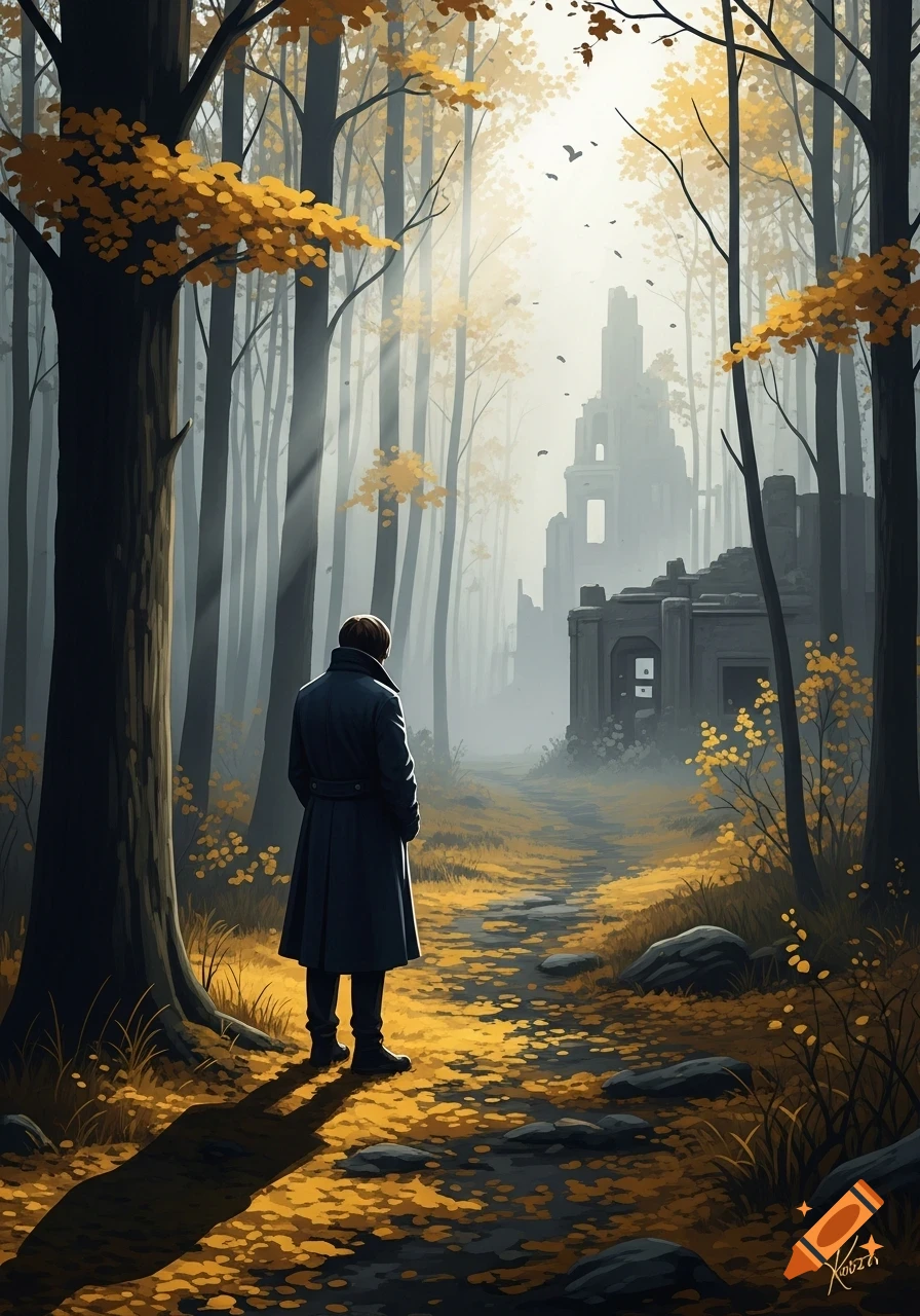 A person in a long coat walks through an autumnal forest path towards misty ruins in the distance, with sunbeams piercing the canopy.