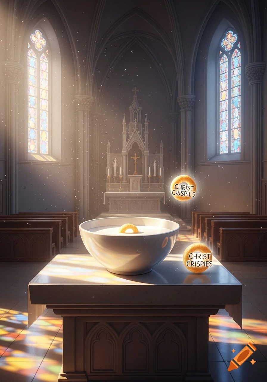 An elaborate church interior with sunbeams, an altar, and stained glass ...
