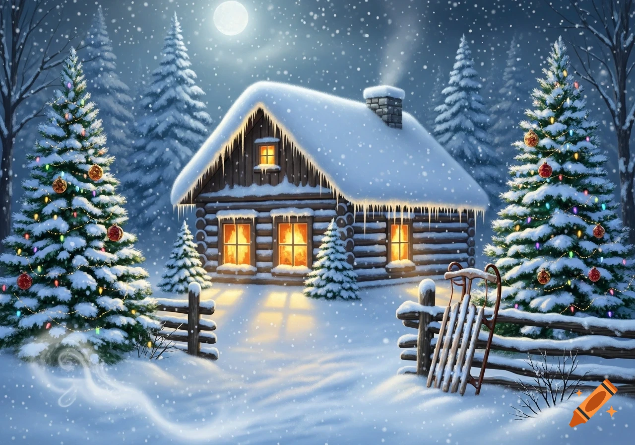 Cozy snow-covered log cabin with glowing windows, decorated Christmas trees, and a sled under a full moon on a winter night.