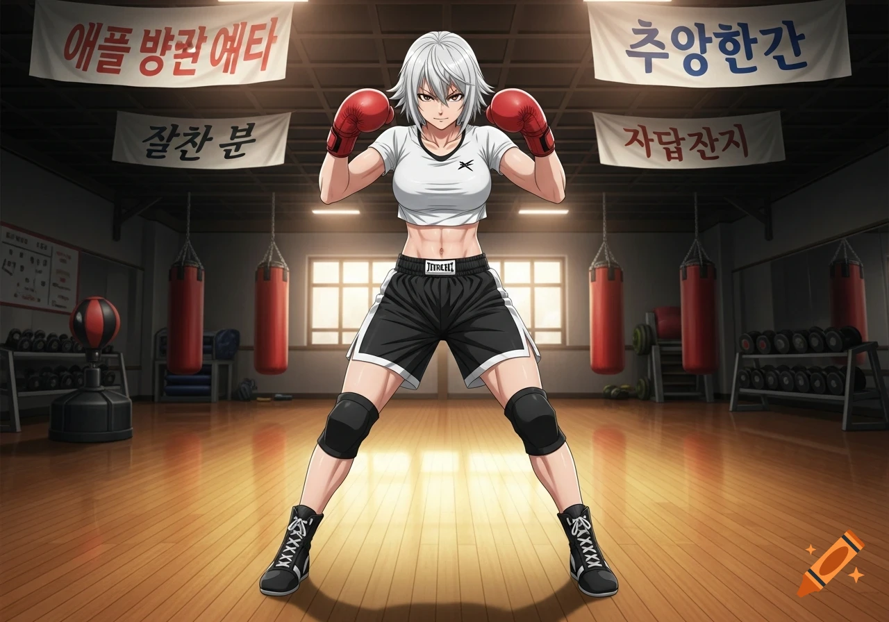 Anime-style woman boxer with short white hair and red gloves in a gym.