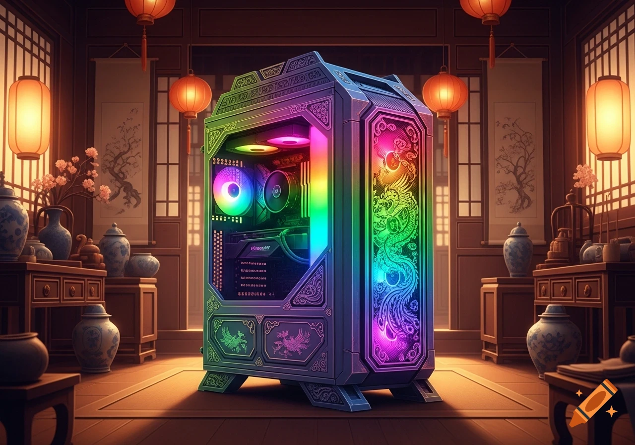 A custom gaming PC in a vibrant rainbow gradient, featuring intricate Chinese dragon and phoenix designs, set in a traditional Ming dynasty-style room with lanterns and porcelain vases.