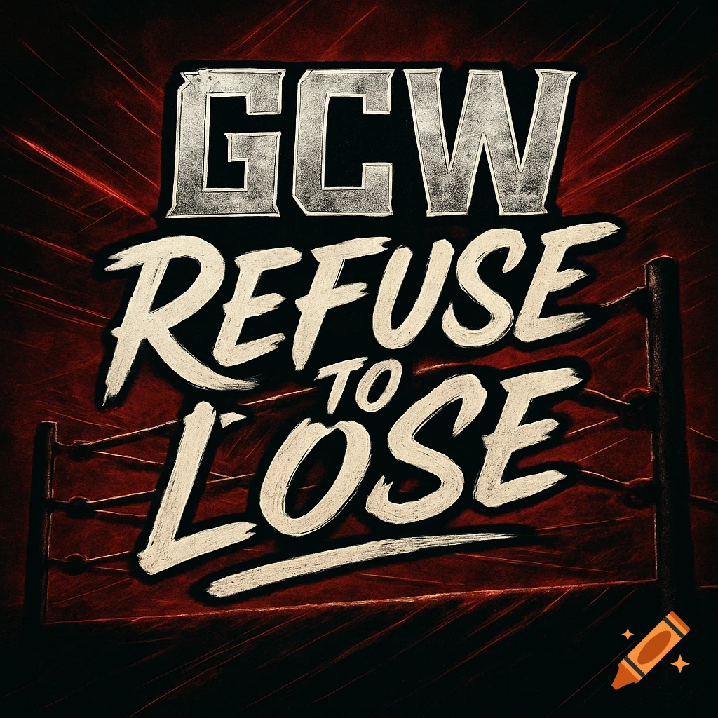 A bold wrestling logo with the text "GCW Refuse to Lose" in white and black above a partial view of a wrestling ring against a red background.