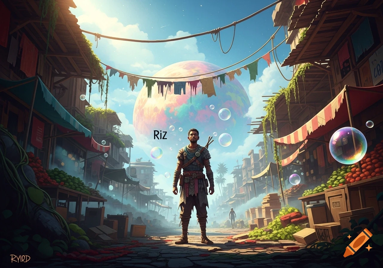 A man in fantasy attire stands in a bustling marketplace, with a large colorful planet in the sky and floating bubbles.