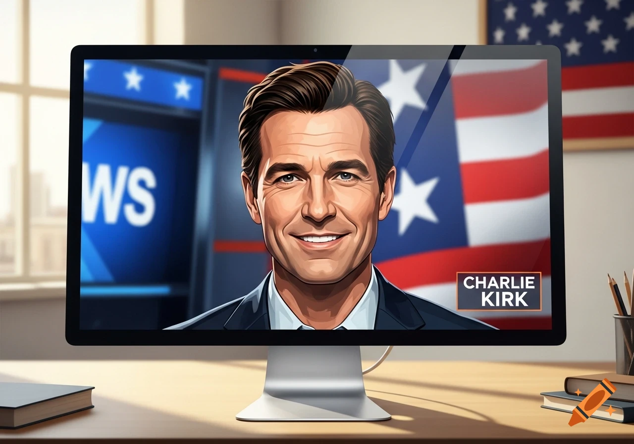Stylized portrait of Charlie Kirk on a computer monitor, with a news background and American flag.