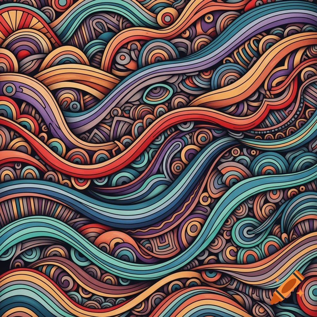 A vibrant and intricate abstract pattern of colorful flowing wavy lines and circular motifs.