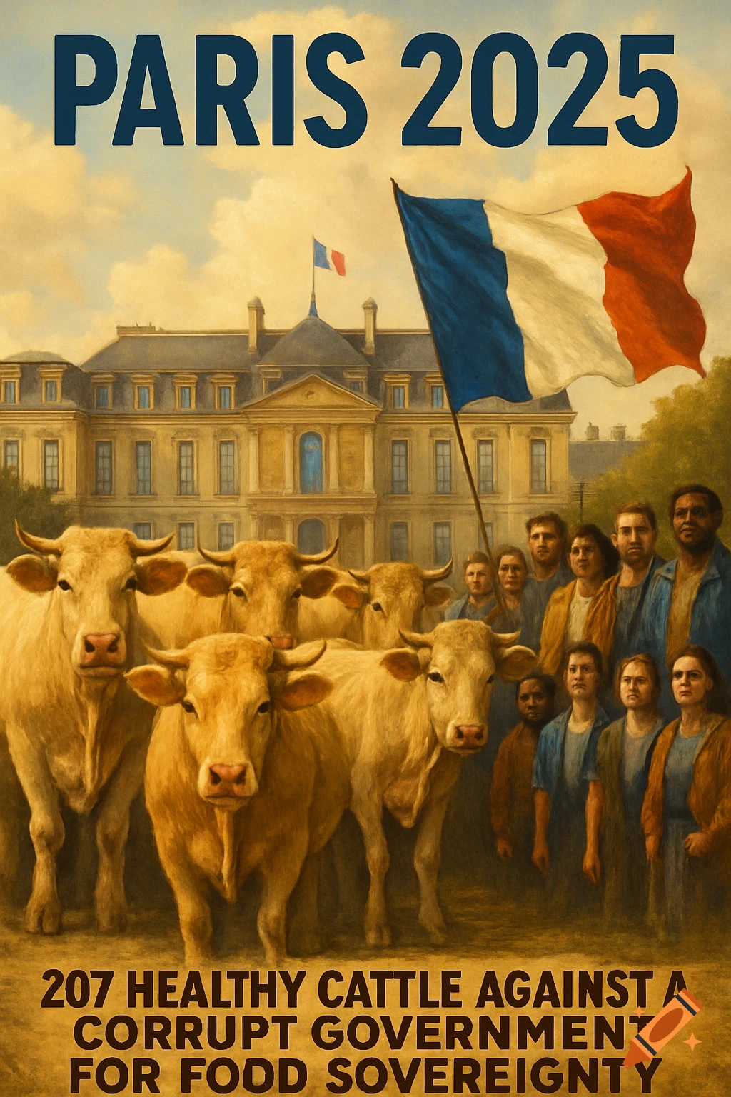 A stylized poster-like image showing a group of cattle and people in front of a grand building with French flags, under the text "PARIS 2025" and "207 HEALTHY CATTLE AGAINST A CORRUPT GOVERNMENT FOR FOOD SOVEREIGNTY".
