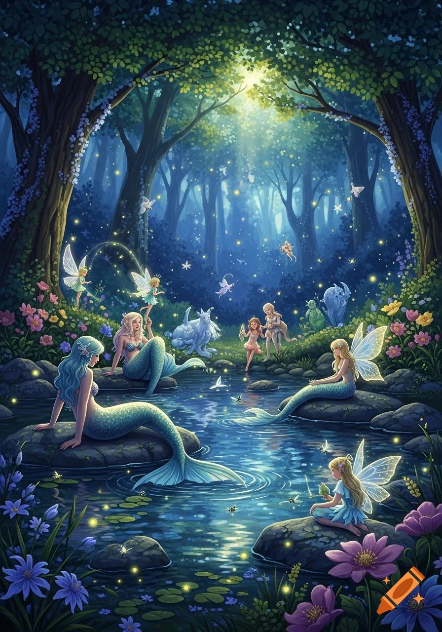 Vibrant fantasy illustration of mermaids and fairies resting and playing by a glowing stream in an enchanted forest.