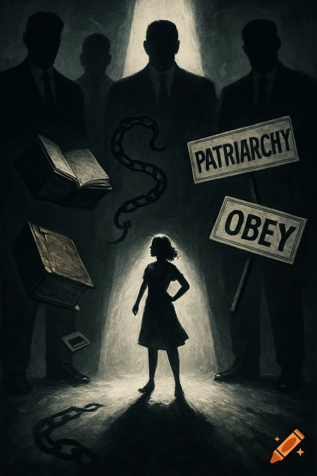 A small woman in a spotlight surrounded by silhouetted men, floating books, chains, and signs reading 'PATRIARCHY' and 'OBEY'. Dramatic, high-contrast art.