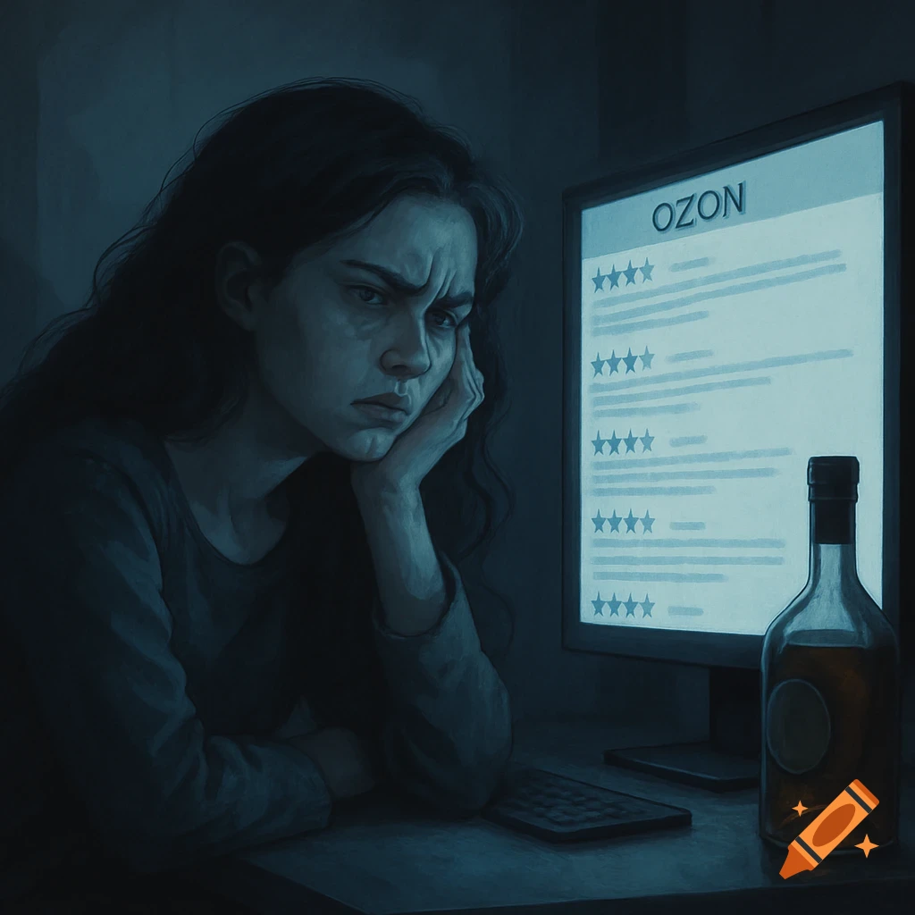 A sad woman with long dark hair sits at a computer, looking at OZON reviews, with a bottle of cognac on the desk, in a dark, stylized digital painting.
