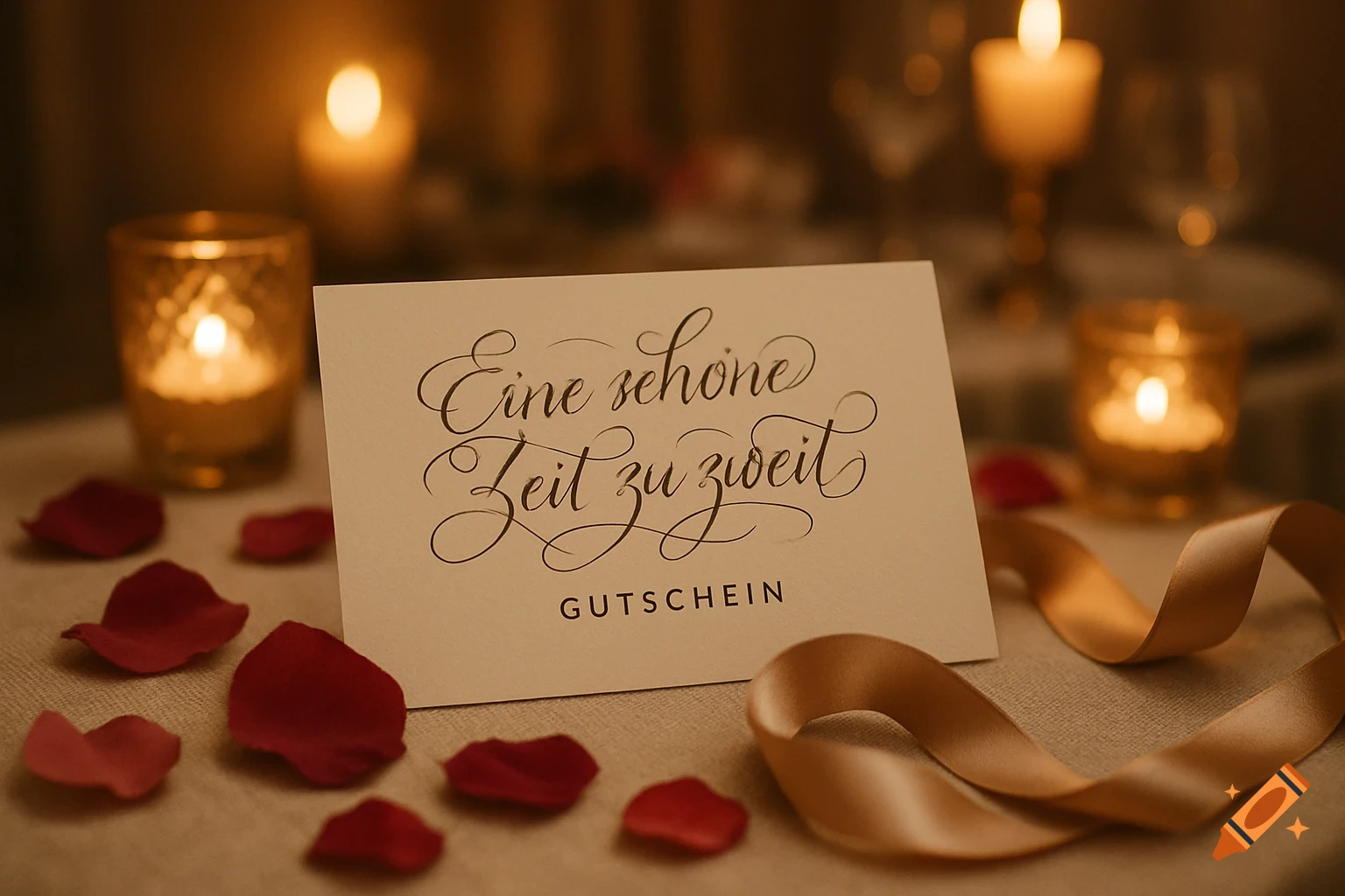 A gift card in a romantic setting with lit candles, scattered rose petals, and a golden ribbon, featuring German text 'Eine schoene Zeit zu zweit GUTSCHIEN'.