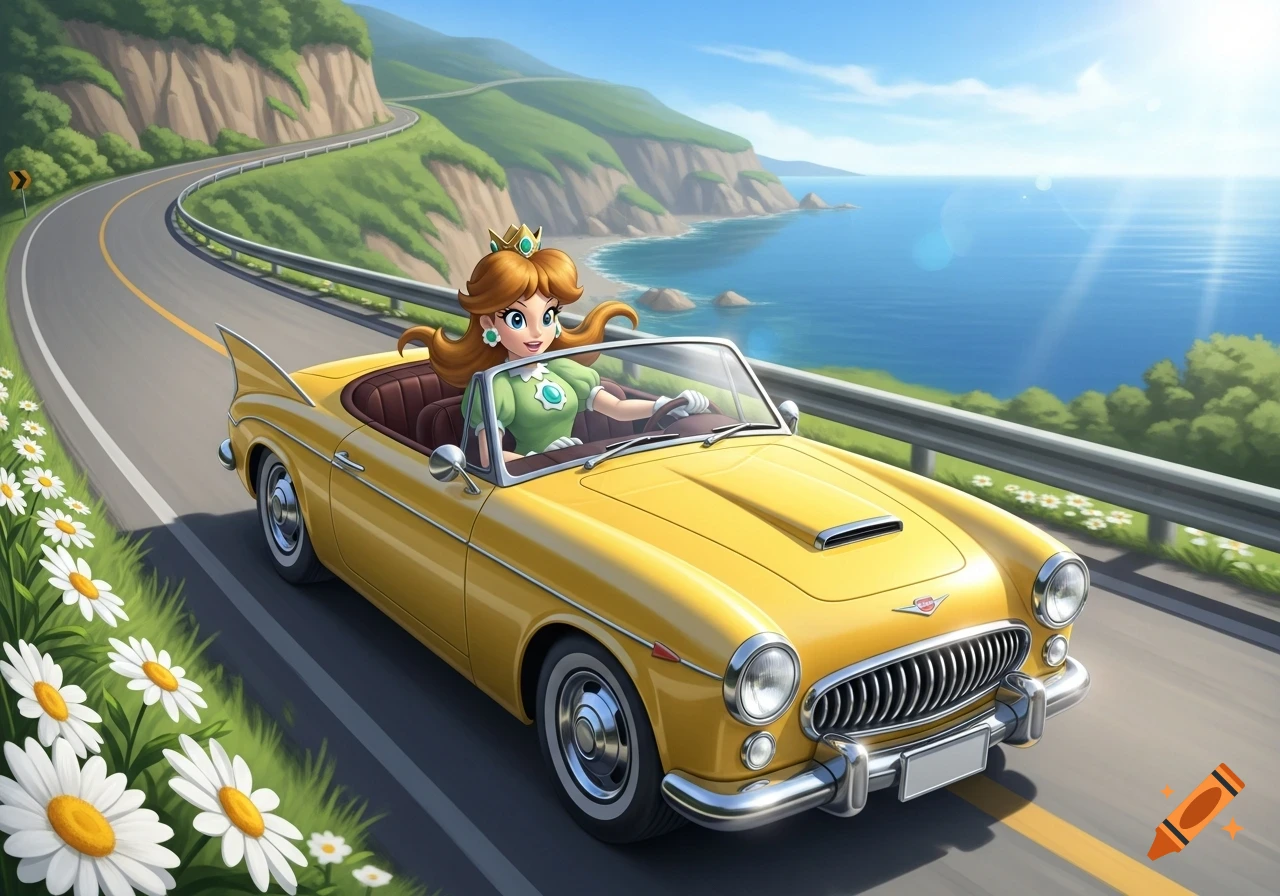 Princess Daisy drives a yellow vintage convertible car on a scenic coastal road with the ocean and hills in the background.