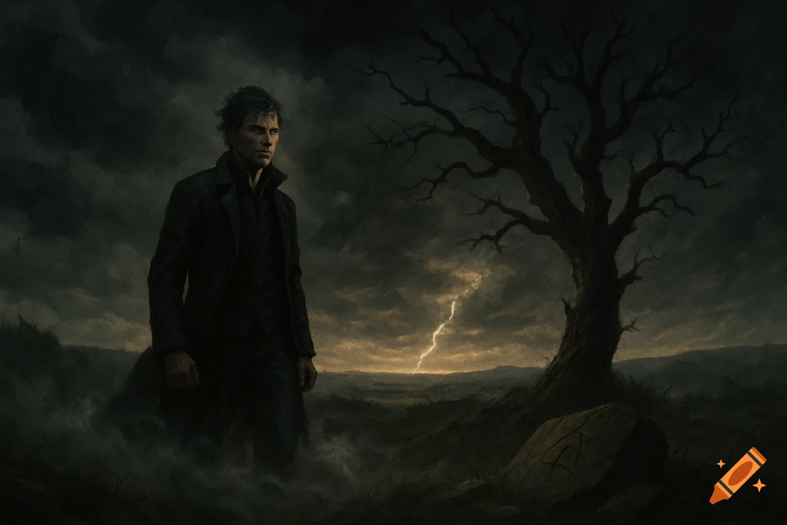 A man in a dark coat stands in a stormy, misty landscape with a bare tree and lightning striking in the distance, in a digital painting style.